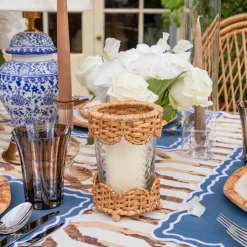 Mrs. Alice Small Helena Rattan Hurricane Lantern (Pair)< Summer Glassware | Summer Candleware