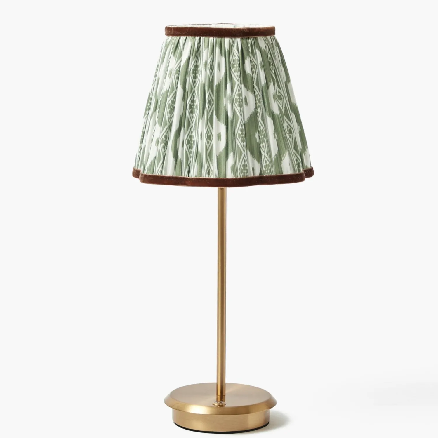 Mrs. Alice Tall Rechargeable Lamp with Olive & Chocolate Ikat Shade (18cm)< Rechargeable Table Lamps