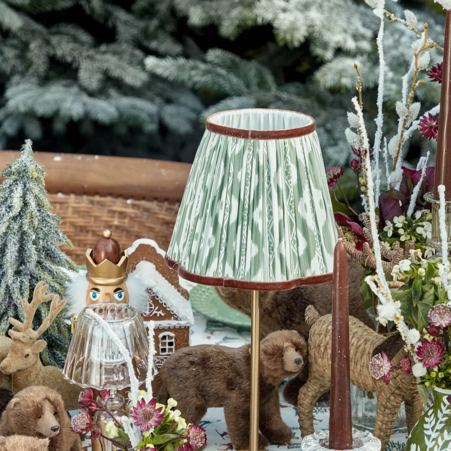 Mrs. Alice Tall Rechargeable Lamp with Olive & Chocolate Ikat Shade (18cm)< Rechargeable Table Lamps