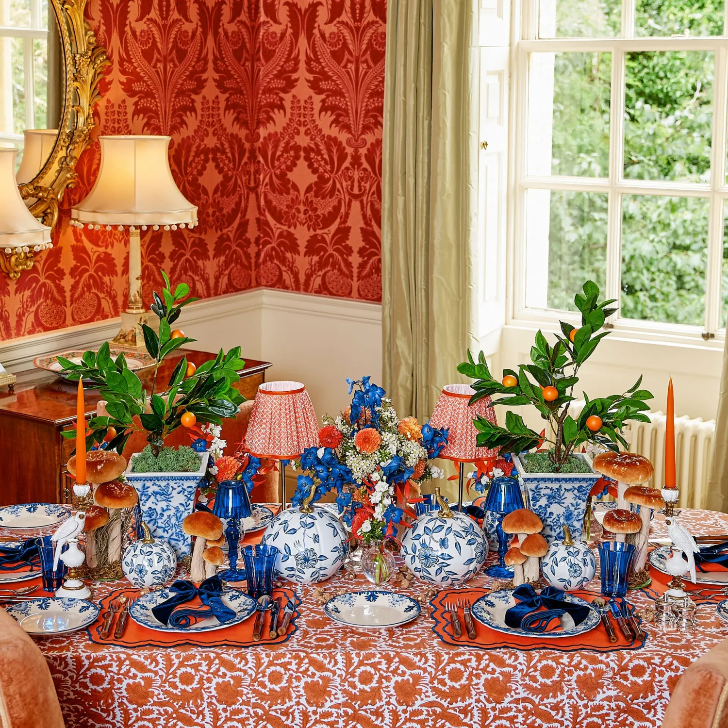 Mrs. Alice Tall Rechargeable Lamp with Orange Lotus Shade (18cm)< Rechargeable Table Lamps