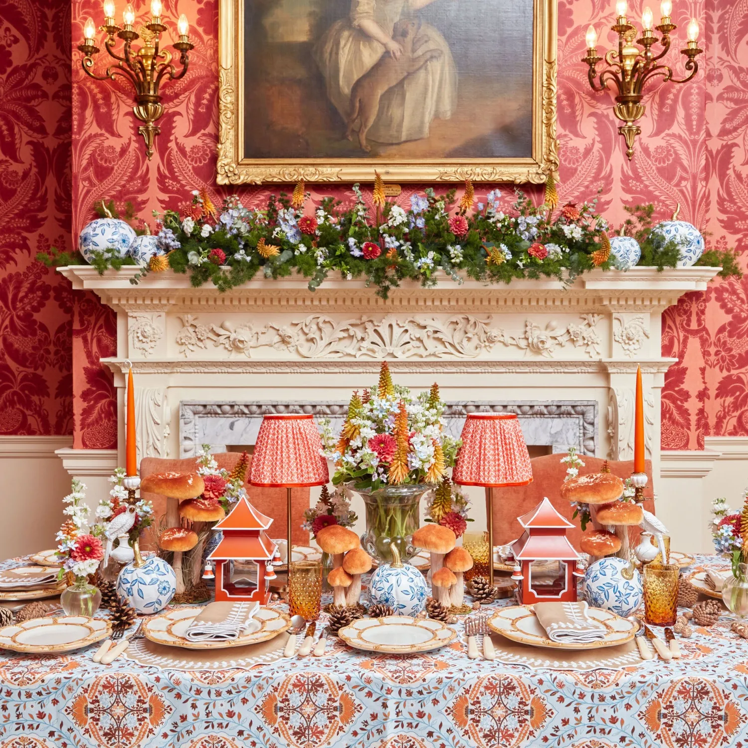 Mrs. Alice Tall Rechargeable Lamp with Orange Lotus Shade (18cm)< Rechargeable Table Lamps