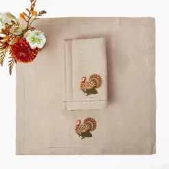 Mrs. Alice Taupe Embroidered Turkey Linen Napkins (Set of 4)< Napkins