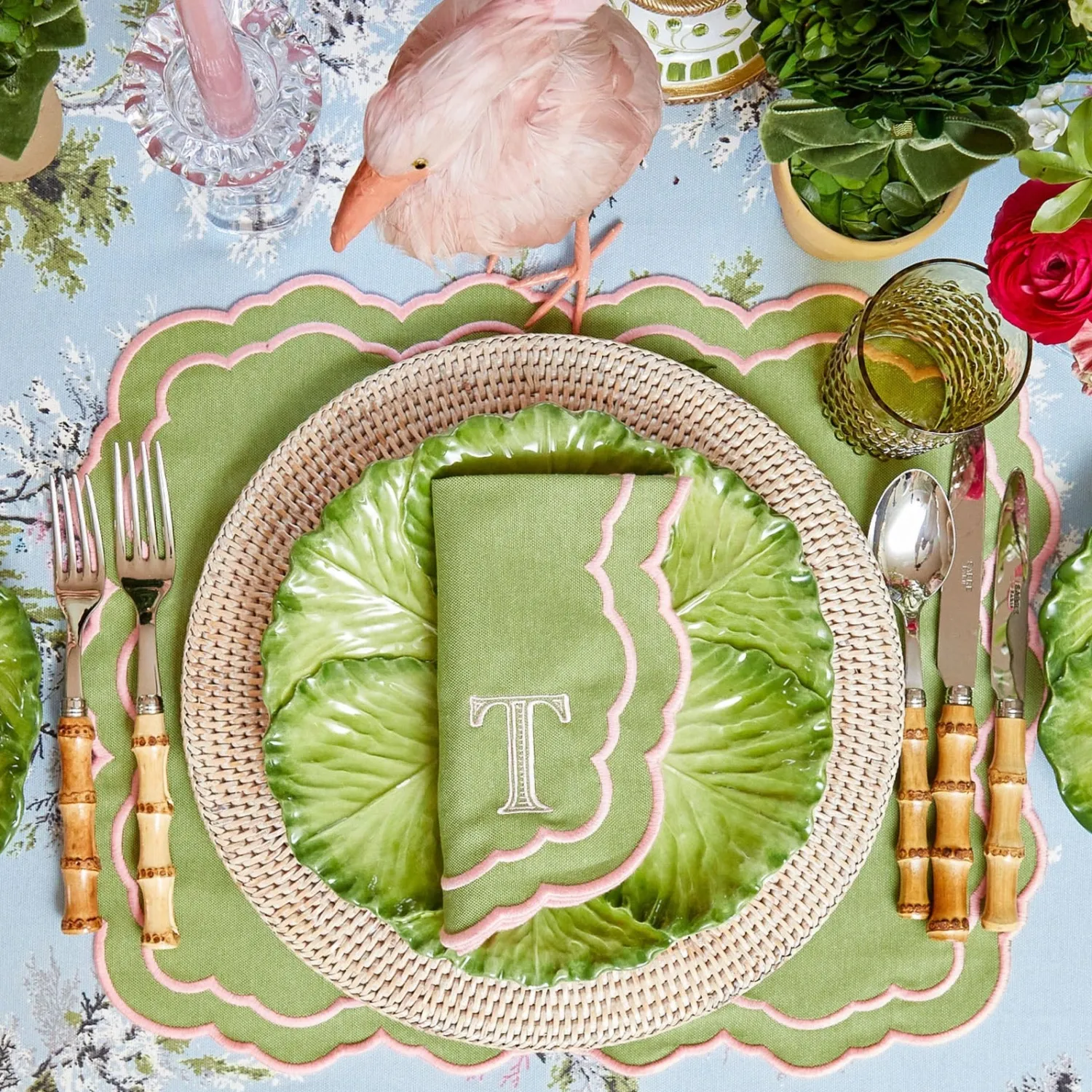 Mrs. Alice Valérie Green & Pink Placemats & Napkins (Set of 4)< Table Linen Sets | Mrs. Alice Monogram