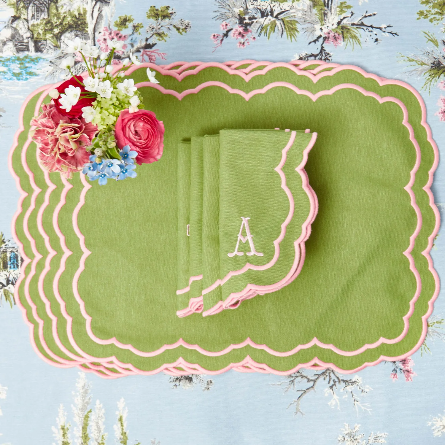 Mrs. Alice Valérie Green & Pink Placemats & Napkins (Set of 4)< Table Linen Sets | Mrs. Alice Monogram