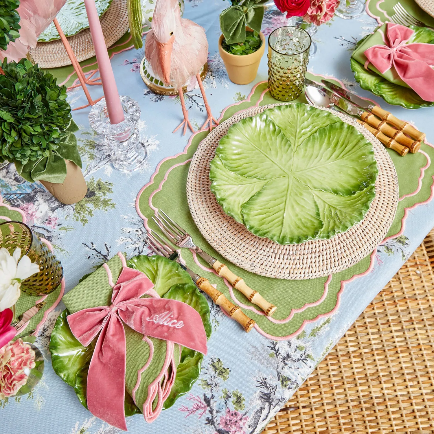 Mrs. Alice Valérie Green & Pink Placemats & Napkins (Set of 4)< Table Linen Sets | Mrs. Alice Monogram
