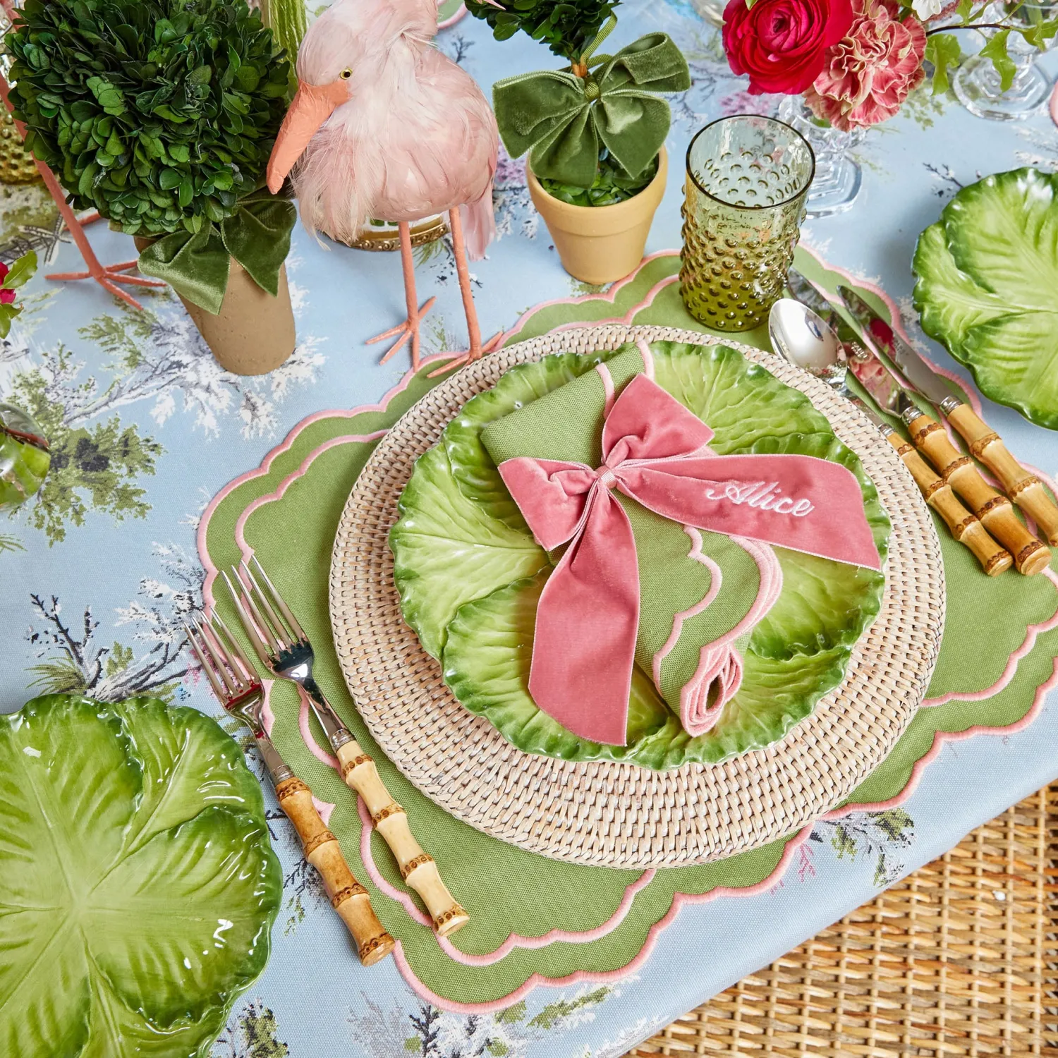 Mrs. Alice Valérie Green & Pink Placemats & Napkins (Set of 4)< Table Linen Sets | Mrs. Alice Monogram