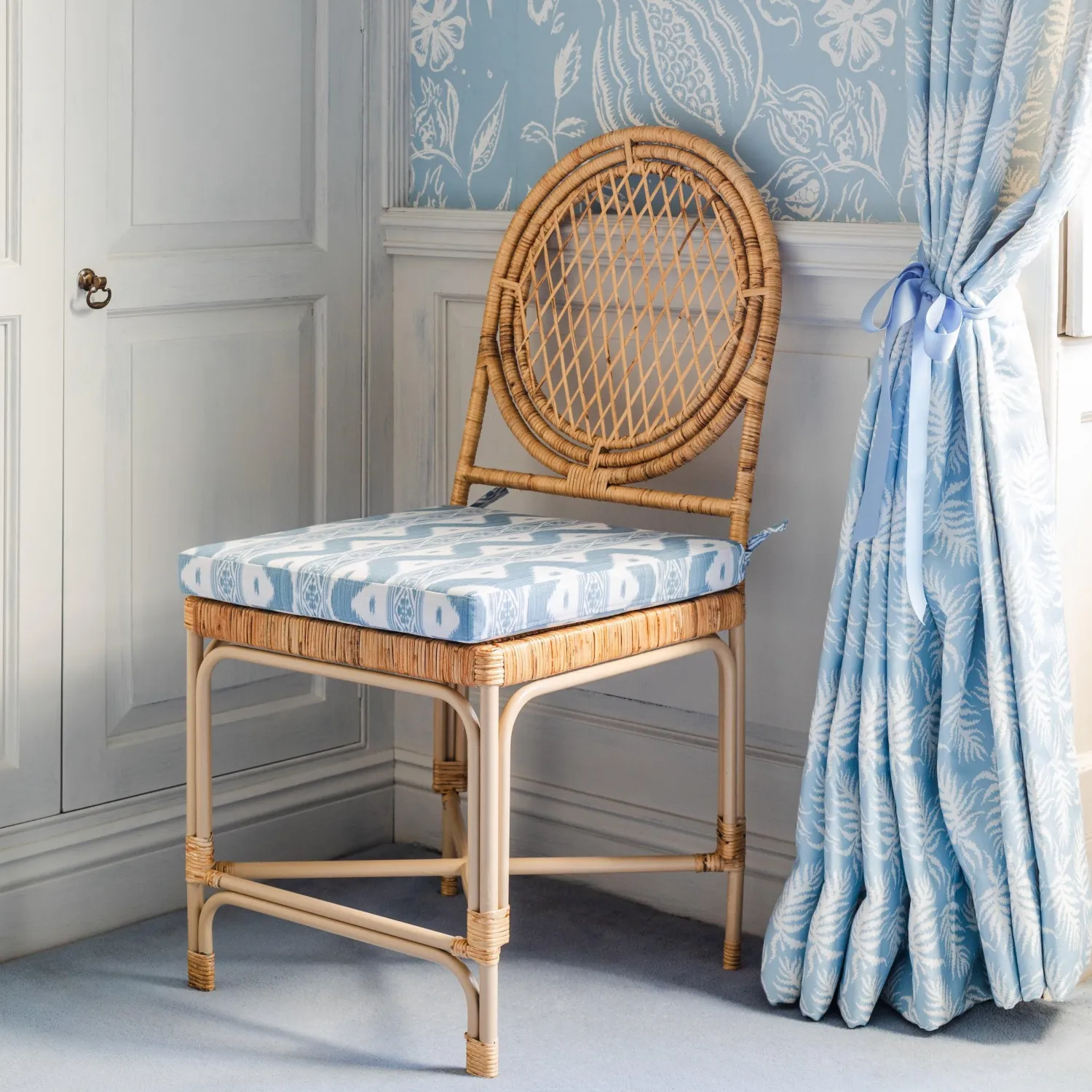 Mrs. Alice Vivienne Rattan Chair with Ikat Seat Pad Cushion< Furniture | Furniture
