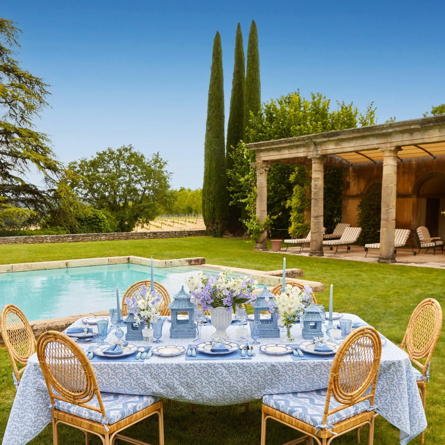 Mrs. Alice Vivienne Rattan Chair with Ikat Seat Pad Cushion< Furniture | Furniture