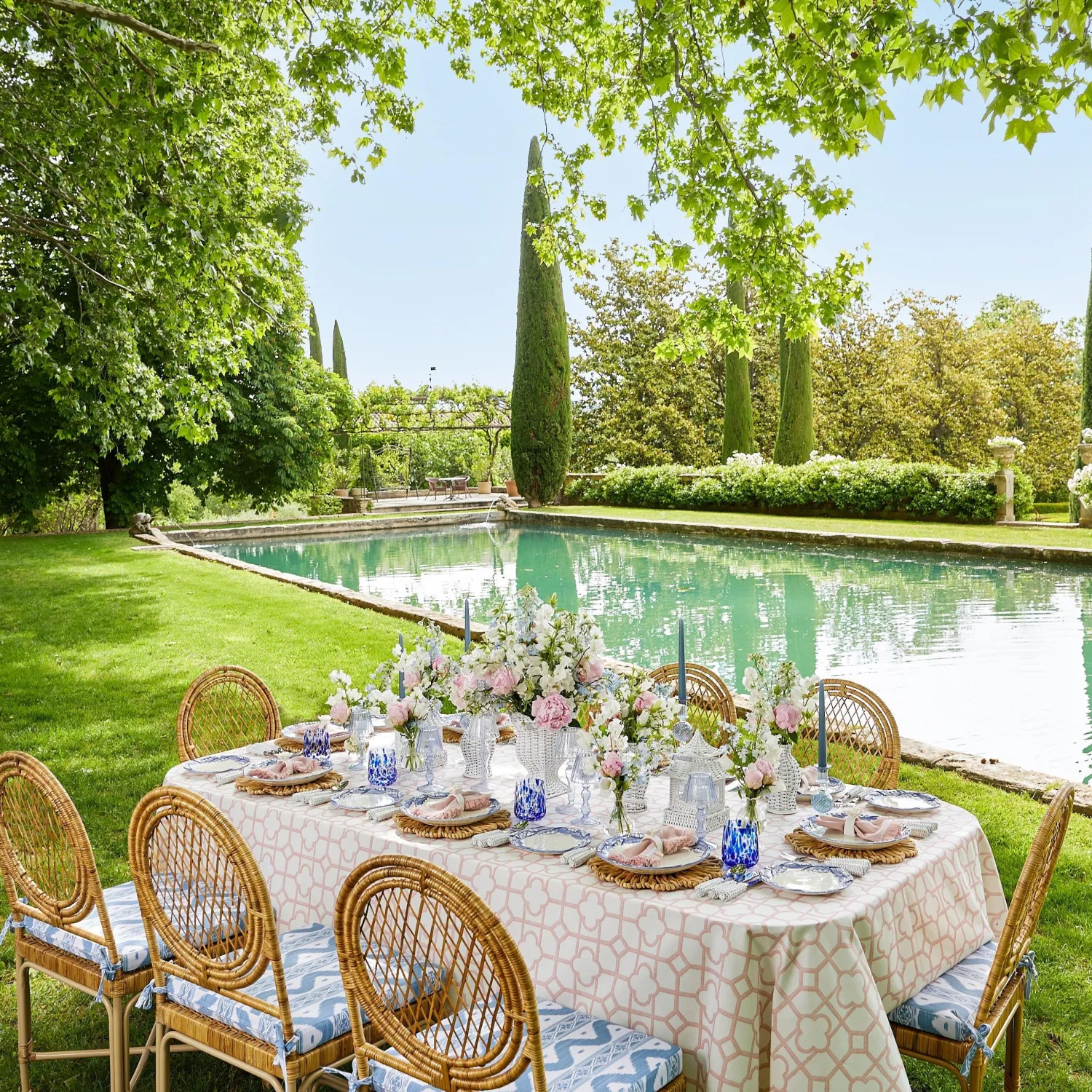 Mrs. Alice Vivienne Rattan Chair with Ikat Seat Pad Cushion< Furniture | Furniture