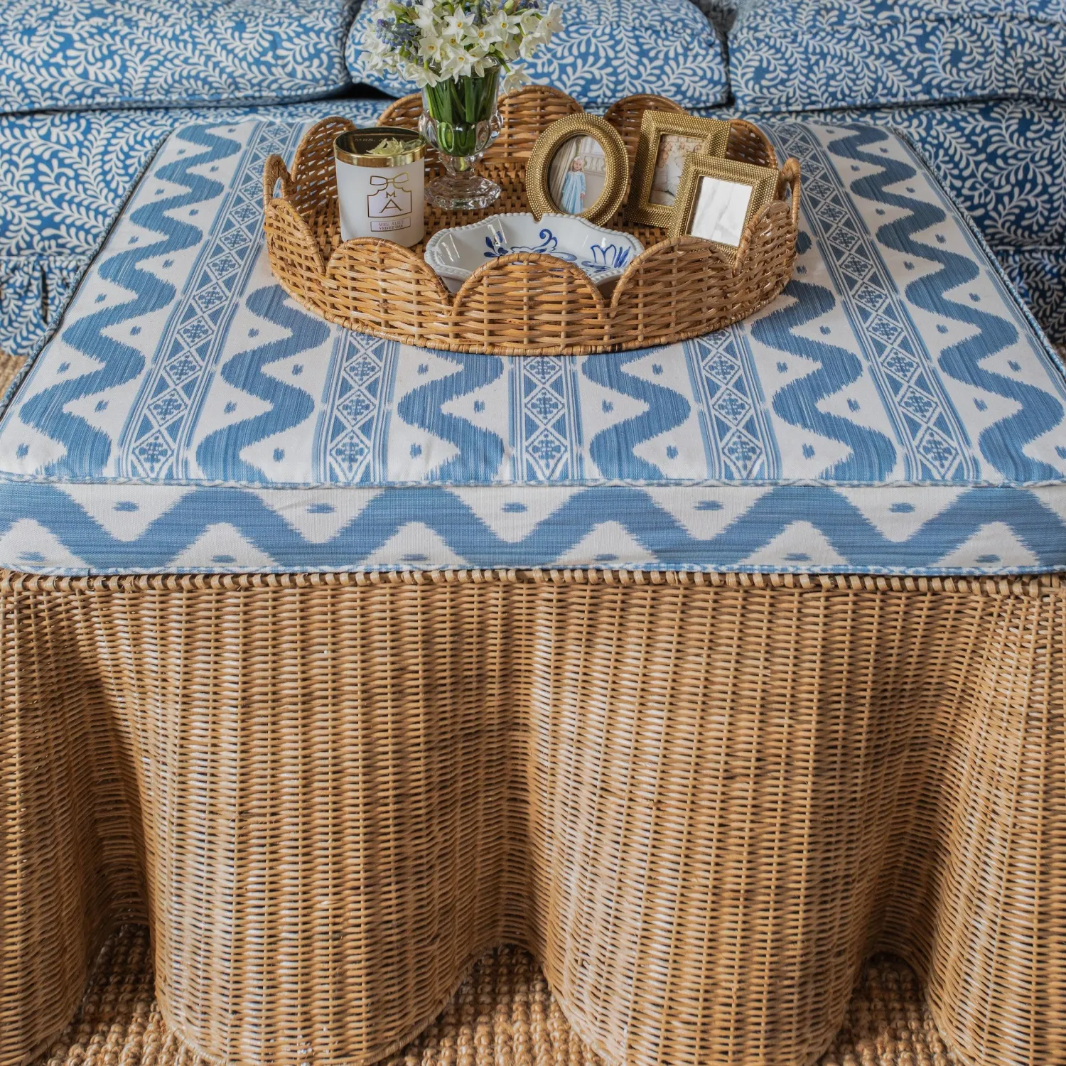 Mrs. Alice Vivienne Rattan Scalloped Ottoman< Furniture | Furniture