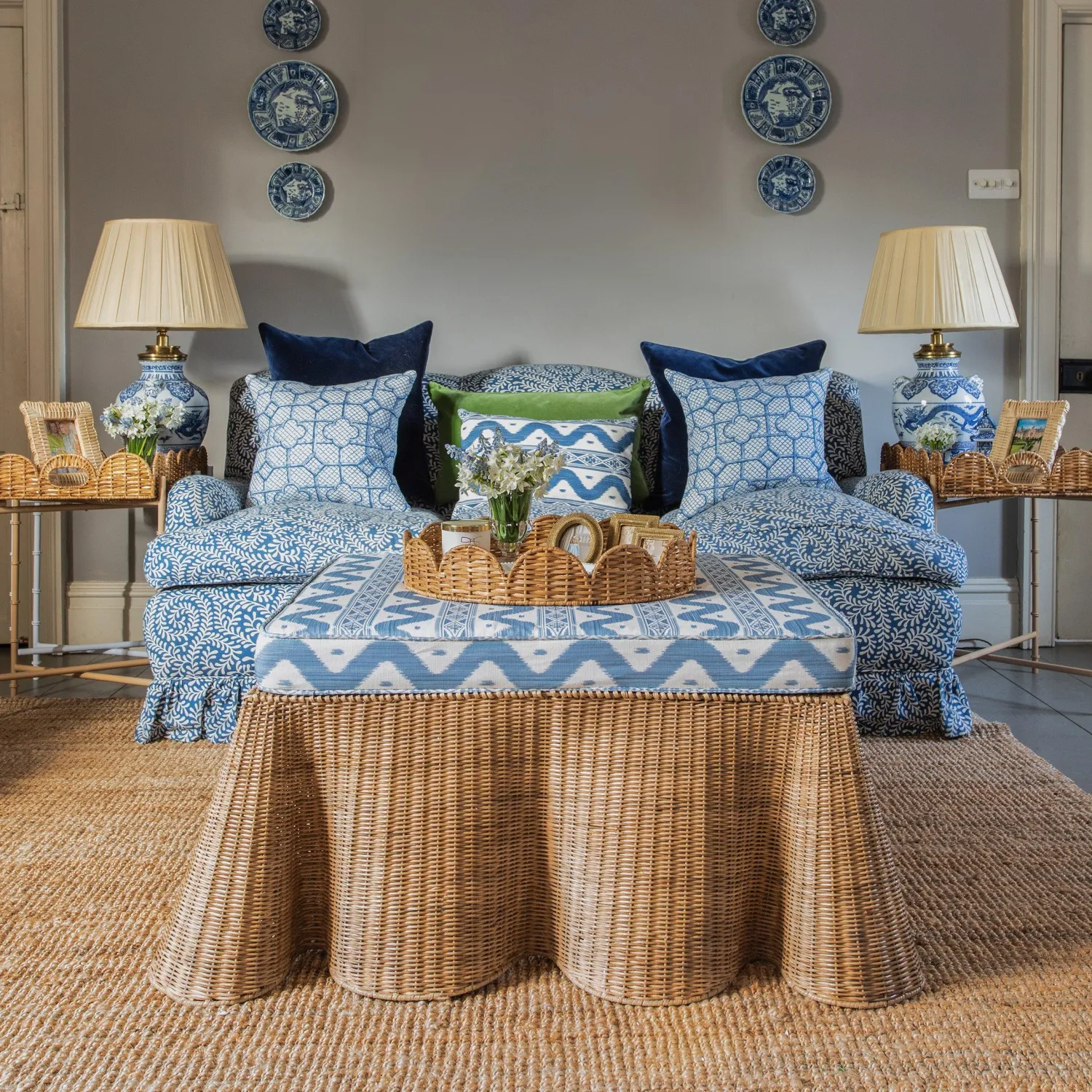 Mrs. Alice Vivienne Rattan Scalloped Ottoman< Furniture | Furniture