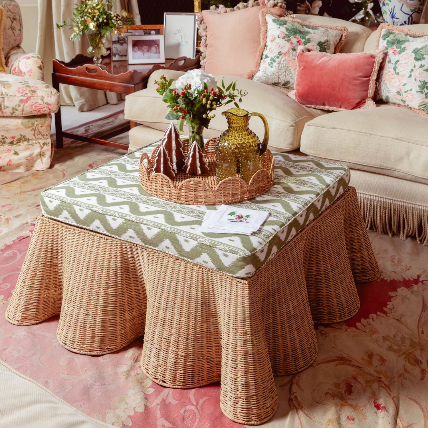 Mrs. Alice Vivienne Rattan Scalloped Ottoman< Furniture | Furniture